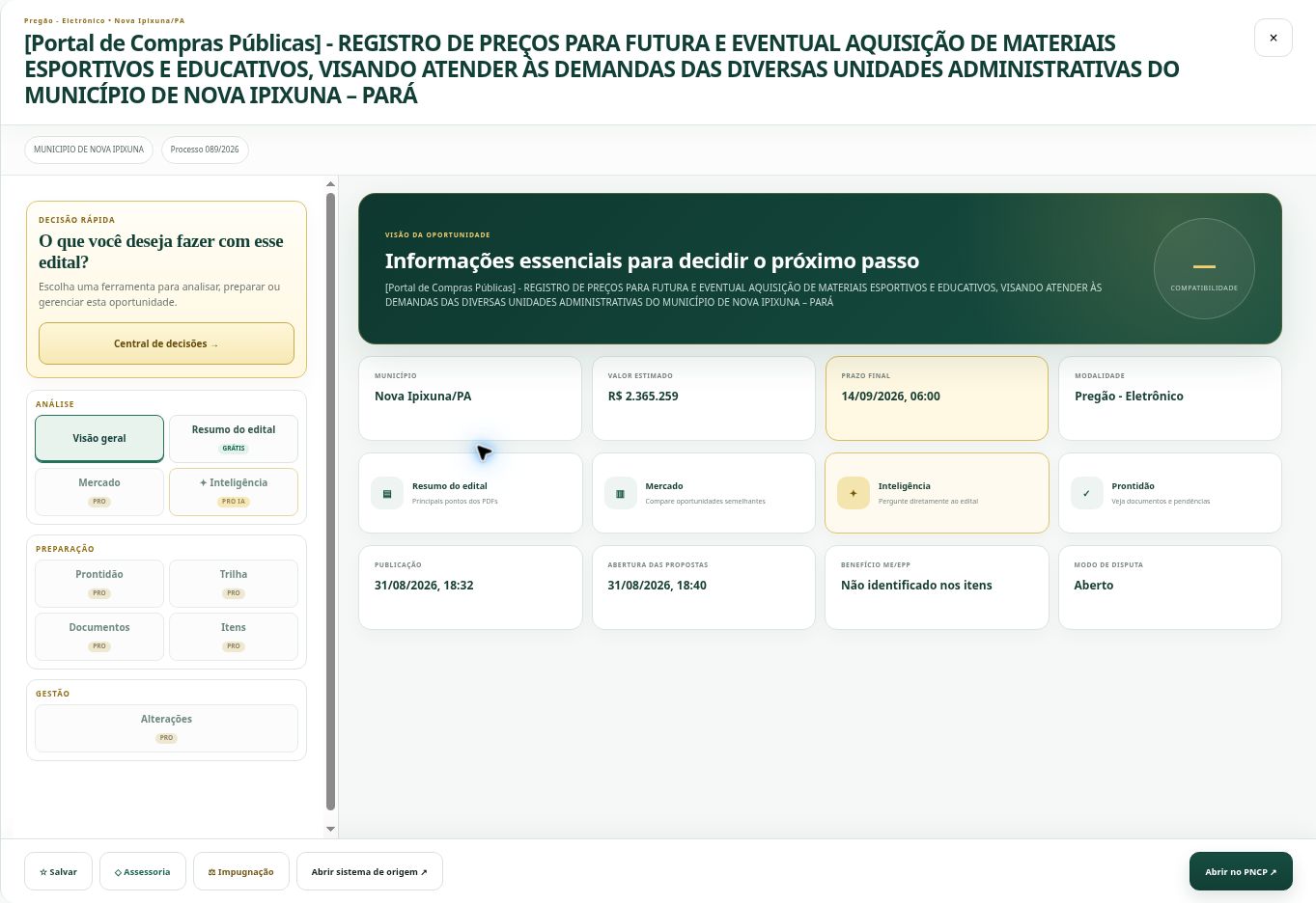 Tela real da oportunidade com dados da contratação e ferramentas de análise