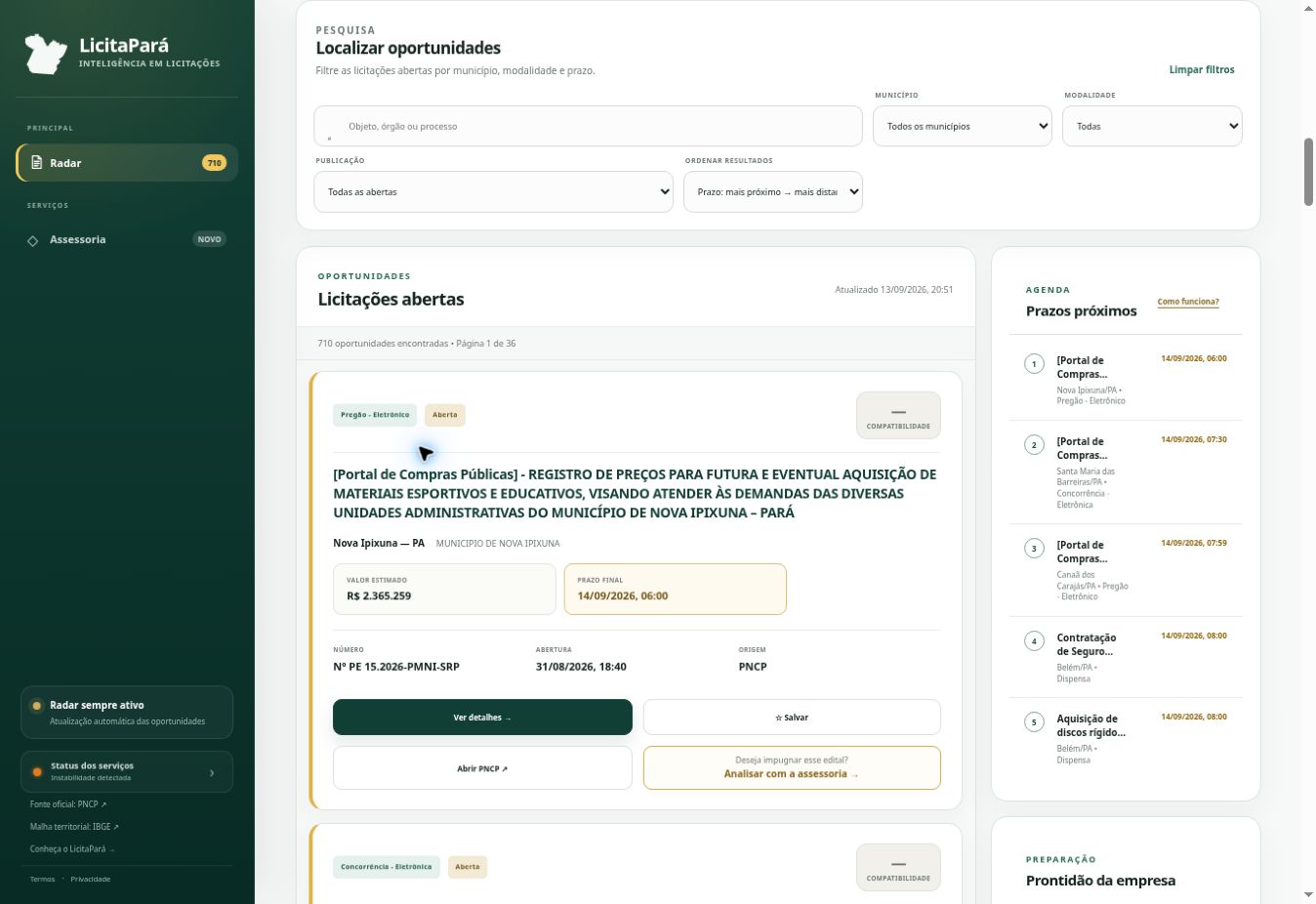Tela real do Radar com filtros, oportunidades e prazos